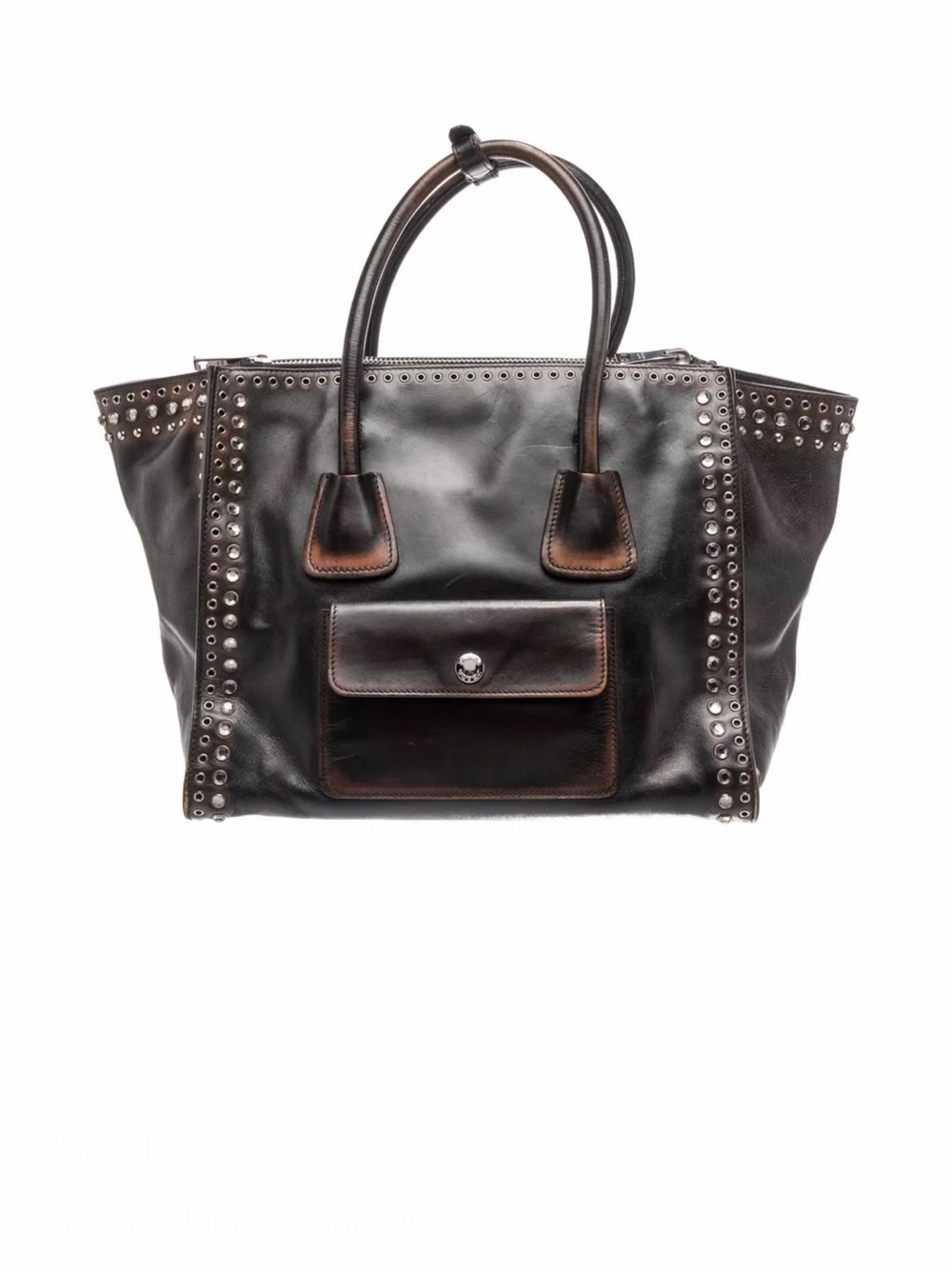 Vintage Prada Galleria Dark Brown Vitello Leather Stud-Embellished Tote - Picture 2 of 5